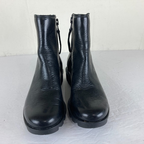 Sorel Womens Sz 6 Black Oiled Leather Lug Sole Ankle Boots Side Zip Block Heel - Picture 3 of 10